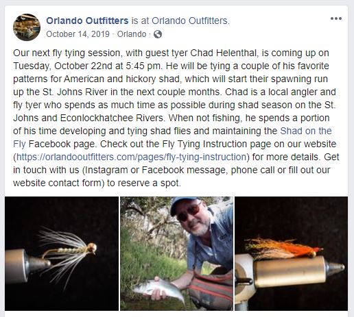 Facebook post from Orlando Outfitters announcing guest tyer Chad Helenthal will demonstrate tying various shad flies
