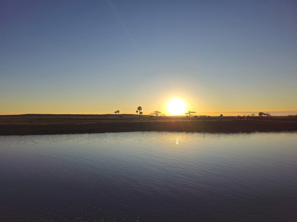 Beautiful sunset at the river with trees, creating a peaceful fishing scene.